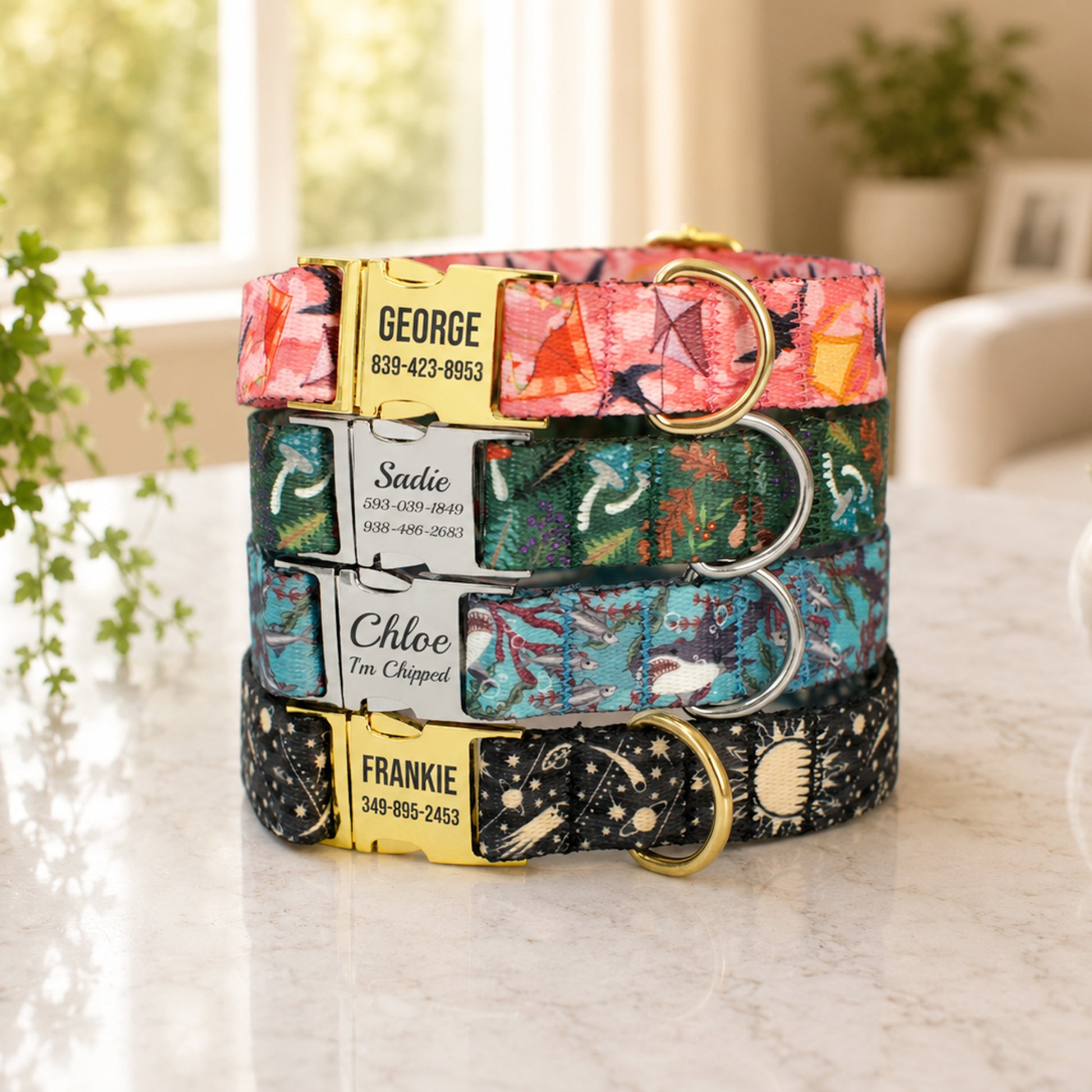 Stack of colorful dog collars with engraved names and contact information on a marble surface.