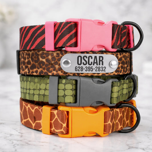 Animal Print Dog Collar with Personalized ID Name Plate