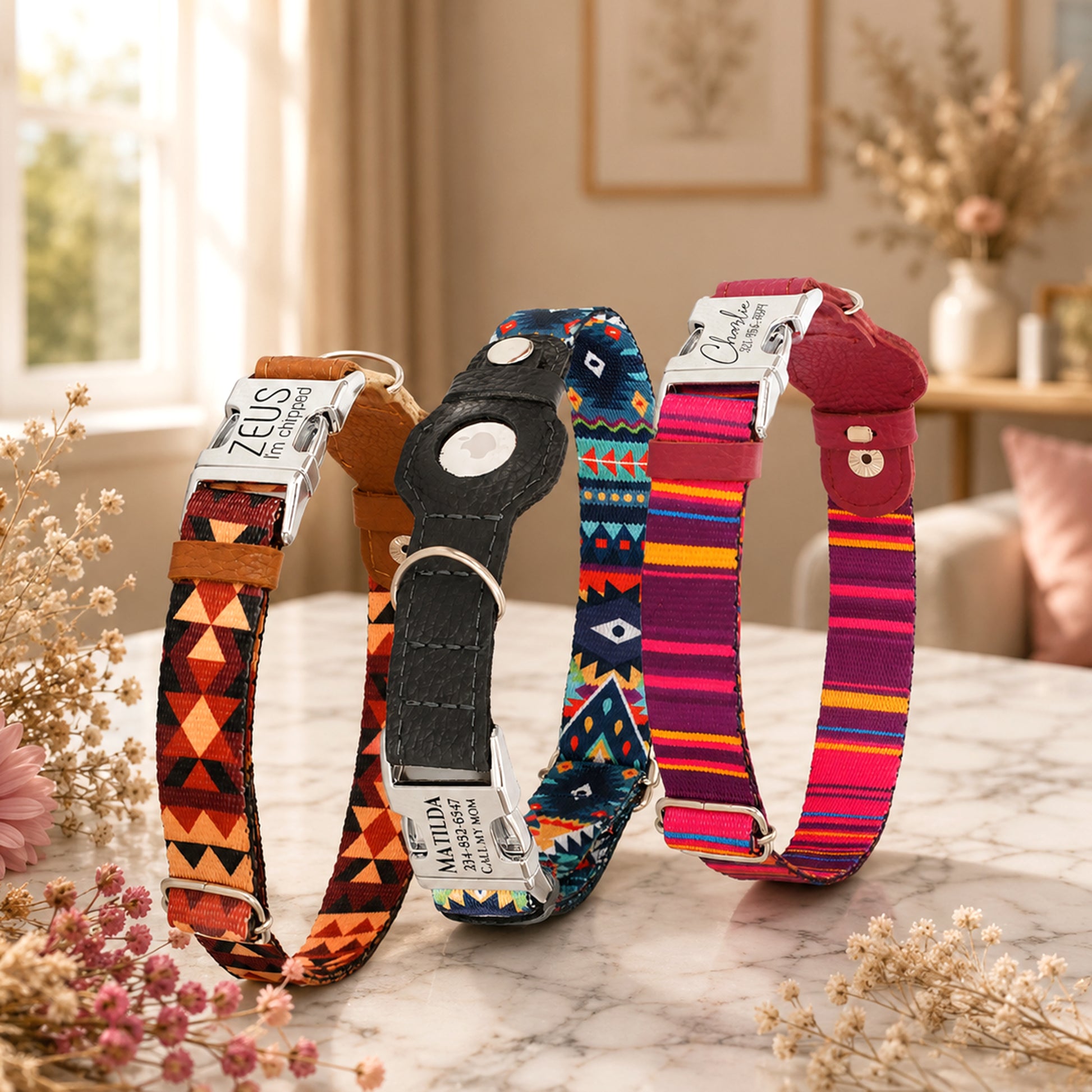 Four dog collars with different patterns on a marble surface with decorative elements.