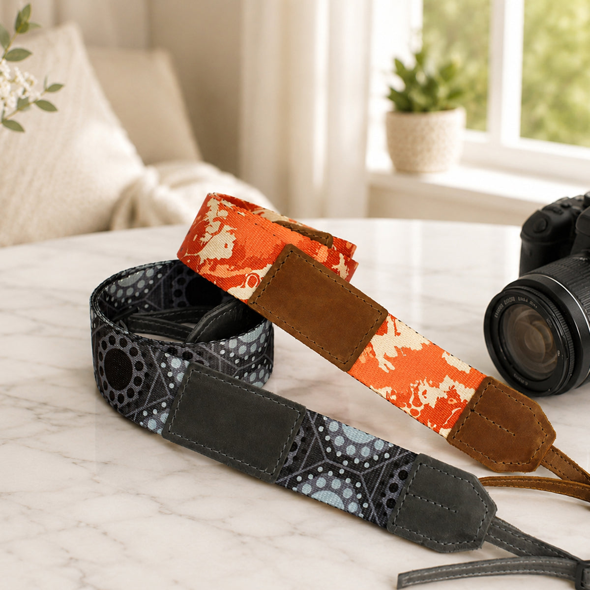 Camera strap with floral pattern on a marble surface, with a camera and lens in the background.