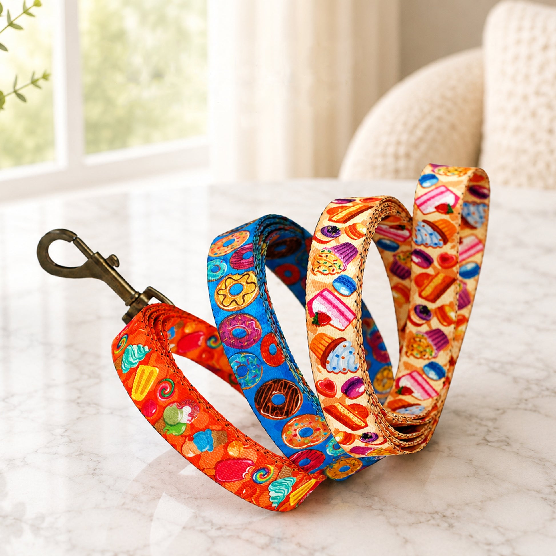 Colorful dog leashes with candy-themed pattern on a marble surface