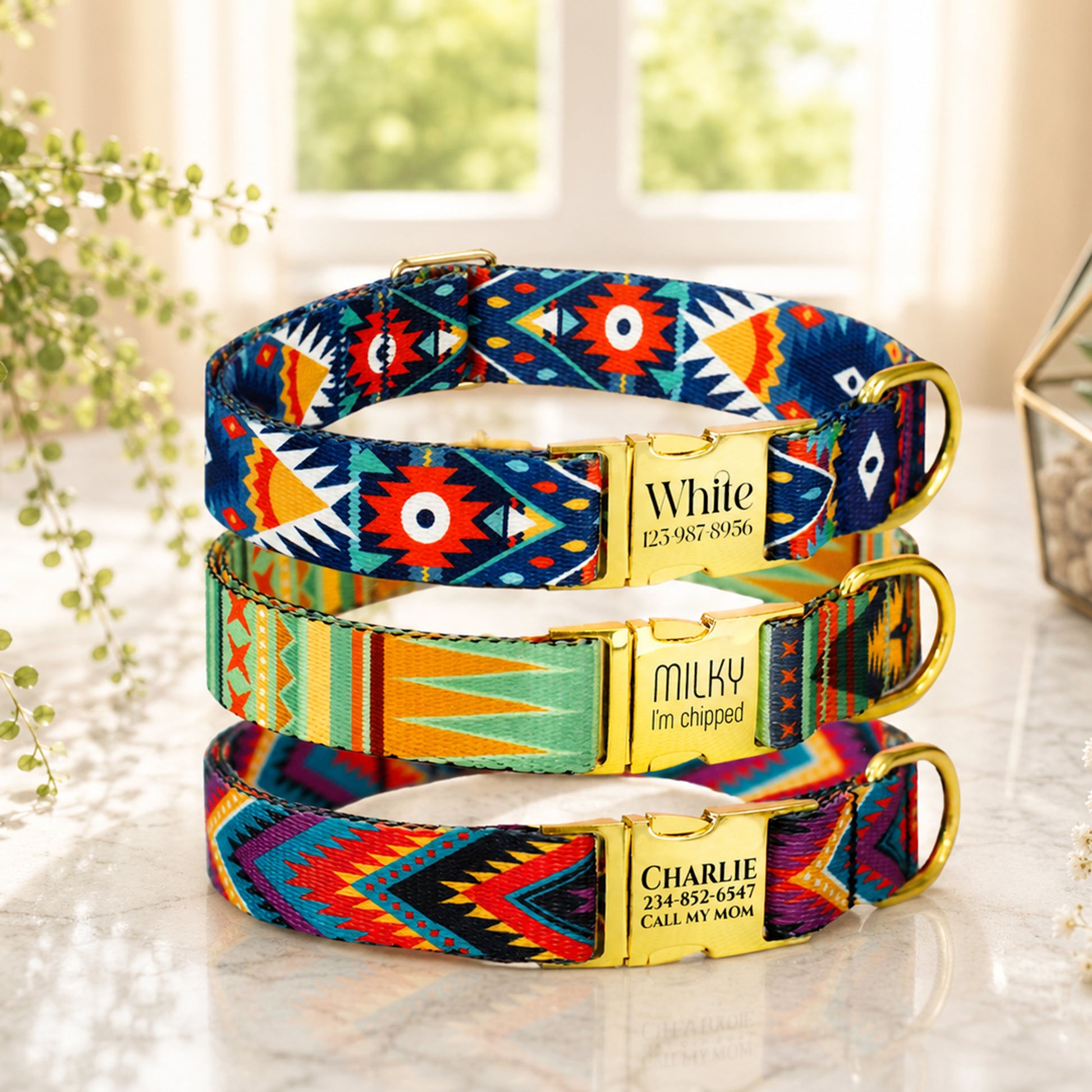 Colorful patterned dog collars with engraved names on a light surface.