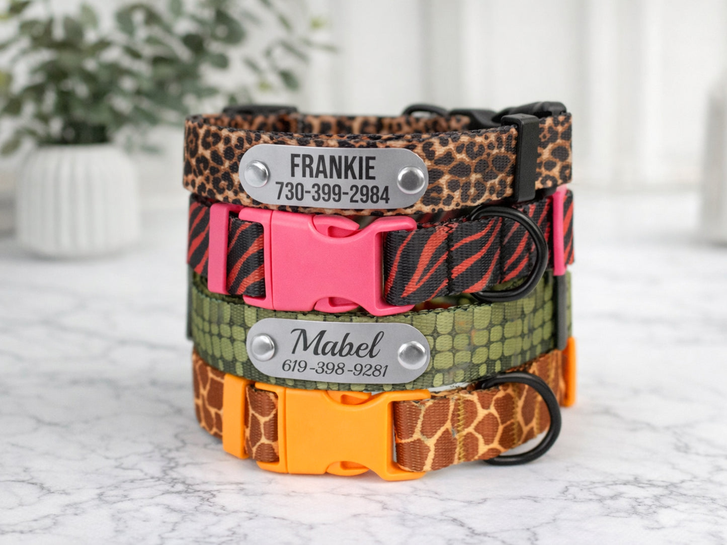 Animal Print Dog Collar with Personalized ID Name Plate