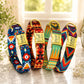 Set of colorful dog collars with gold hardware on a marble surface.