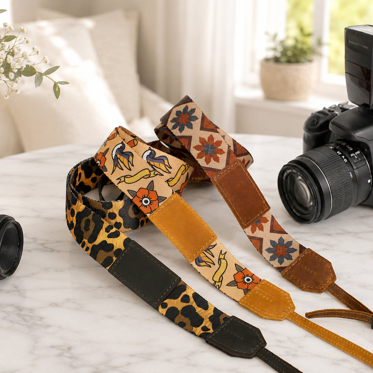 Camera strap with colorful patterns on a marble surface next to a camera.