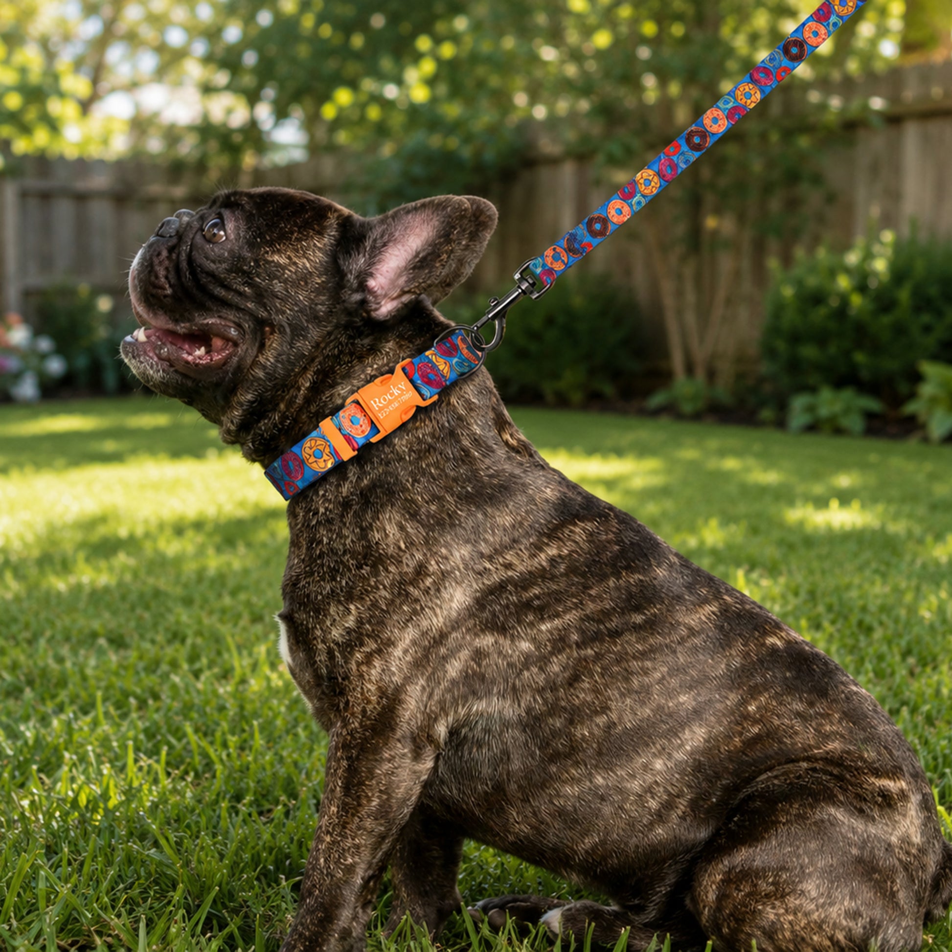Dog wearing a colorful collar and leash sitting on grass