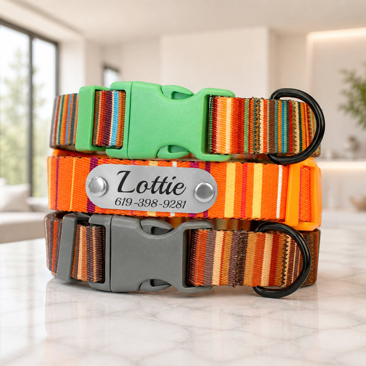 Set of Nomad striped dog collars with custom engraved ID plates