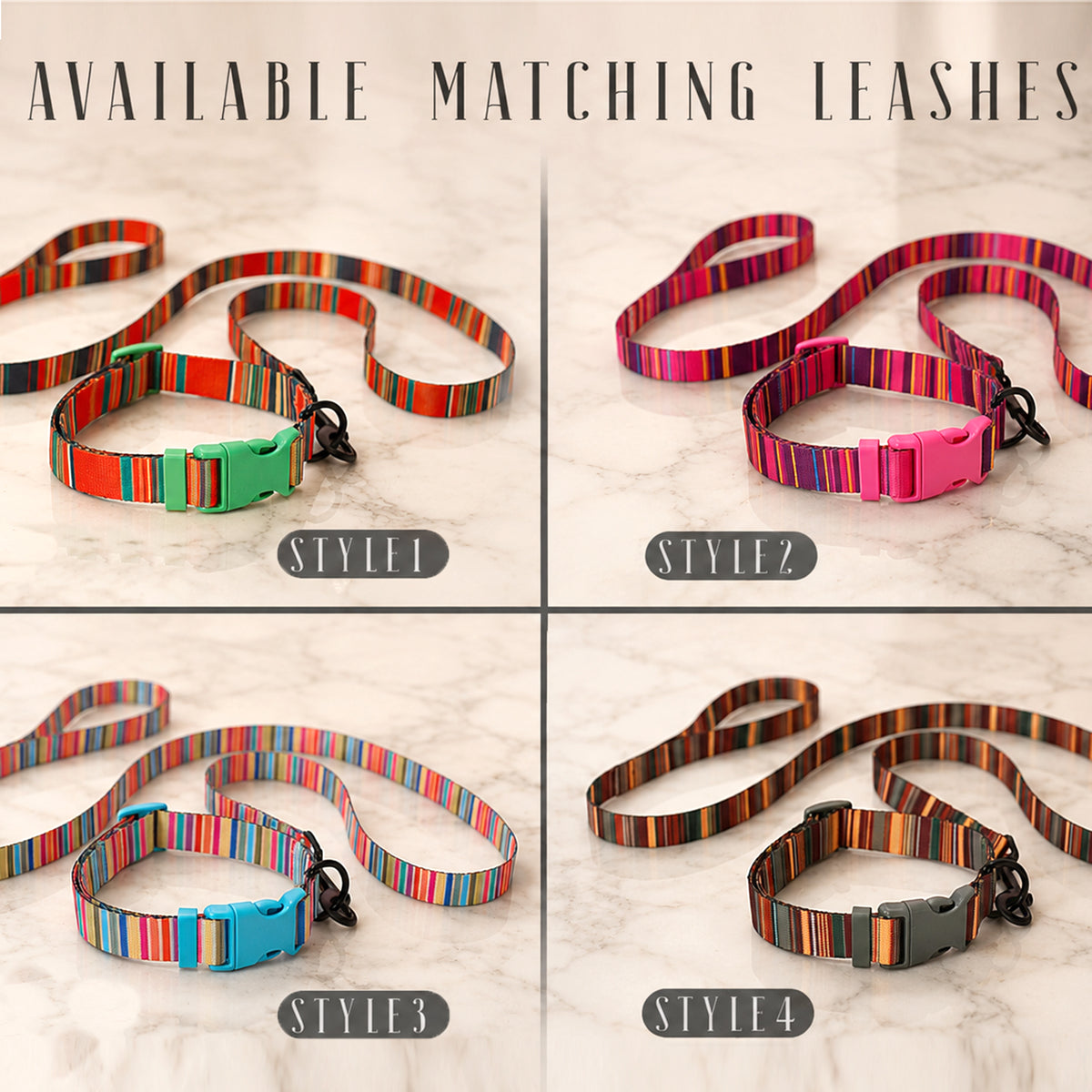 Set of Nature's Palette dog collars with custom engraved safety buckles