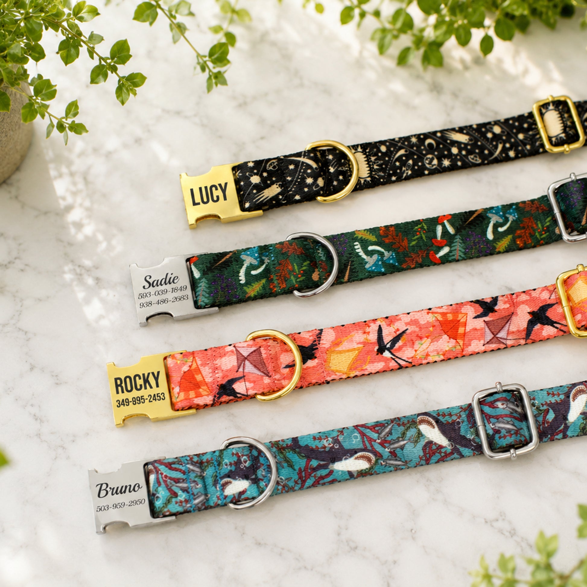 Three colorful dog collars with engraved names on a marble surface.