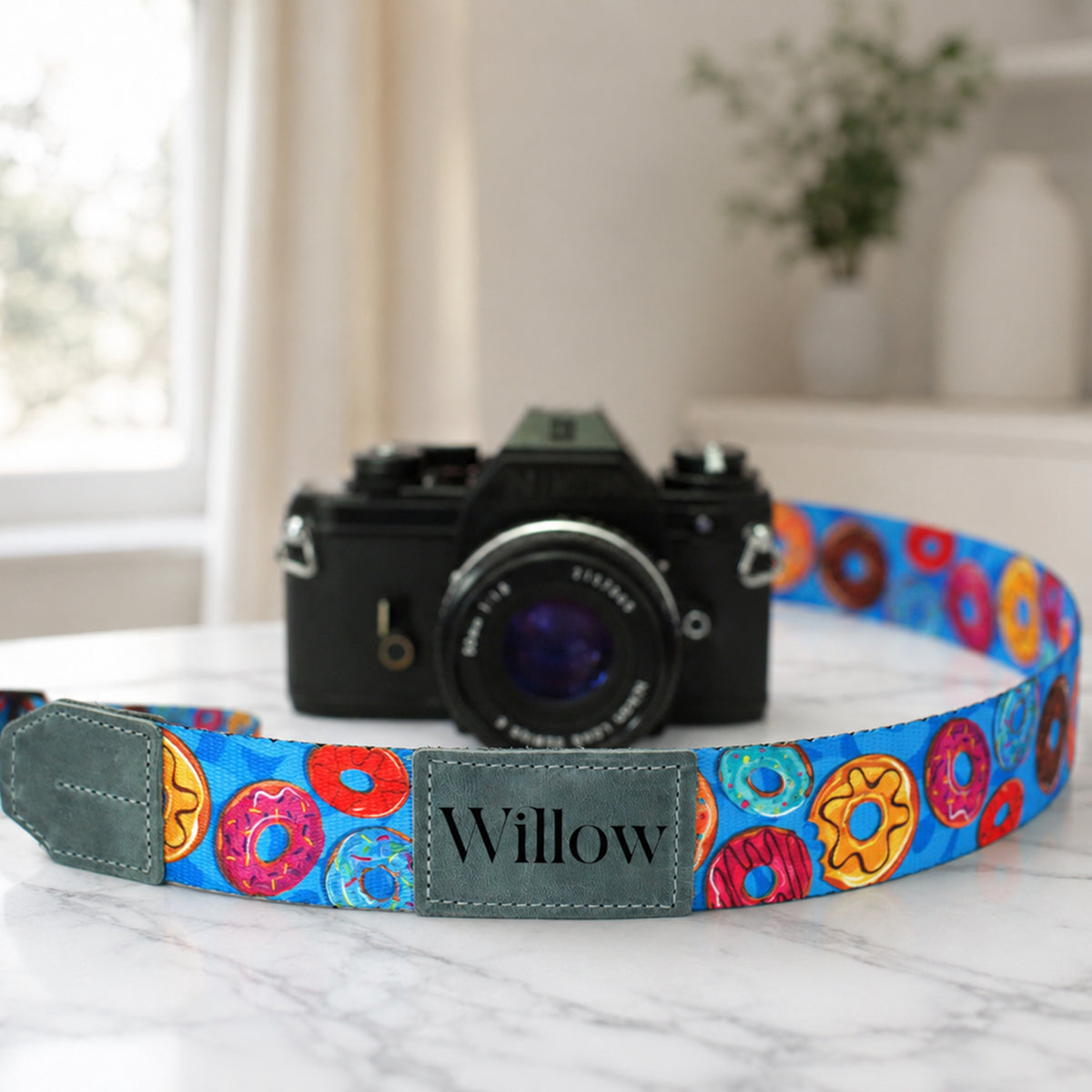 Sweet Treats leather and nylon camera strap – custom engraving close-up