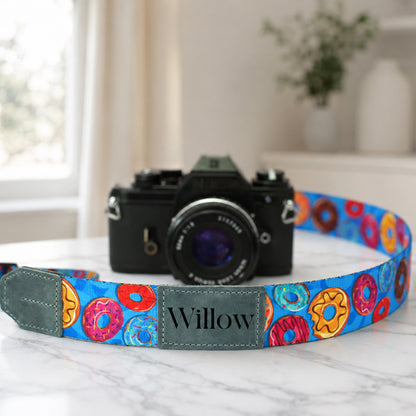 Sweet Treats leather and nylon camera strap – custom engraving close-up