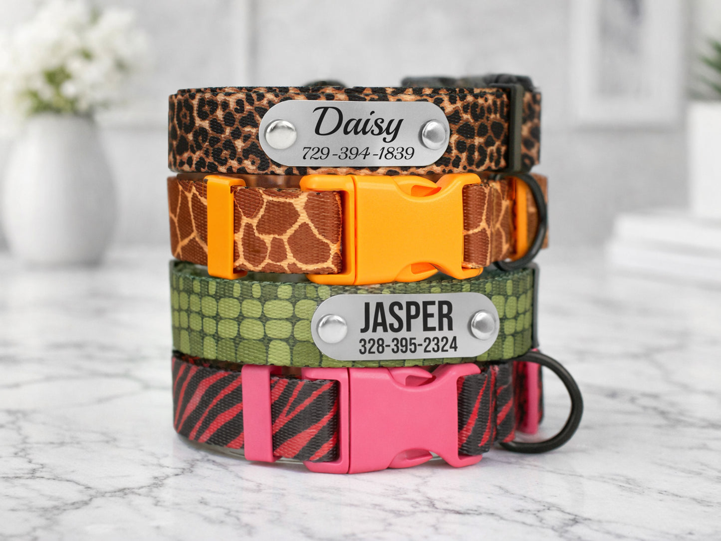 Animal Print Dog Collar with Personalized ID Name Plate