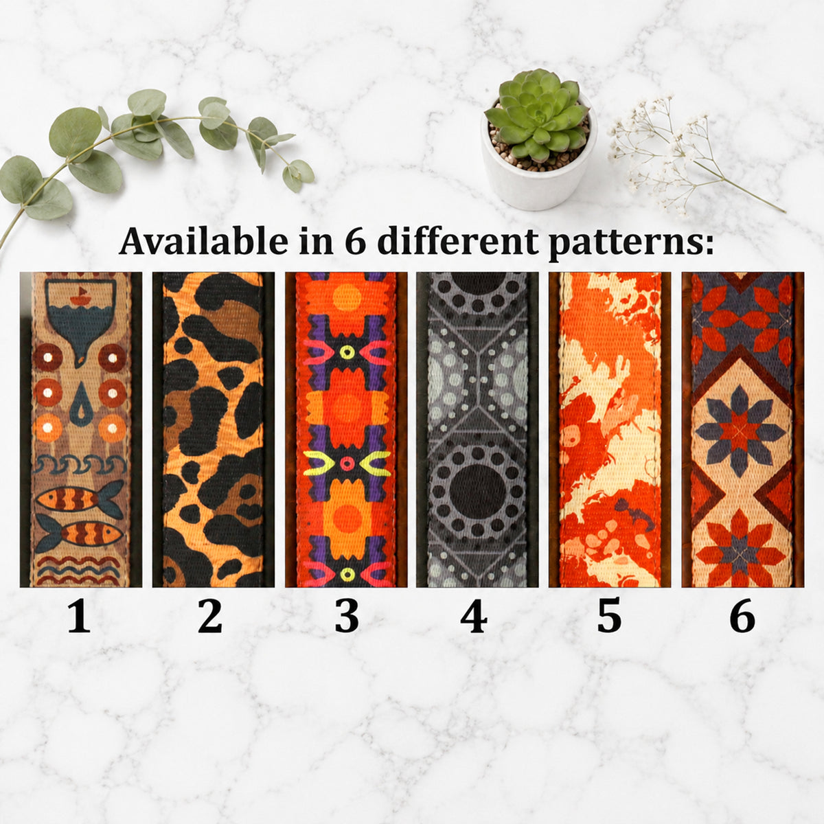 Six different patterned fabric strips on a textured white background with decorative elements.