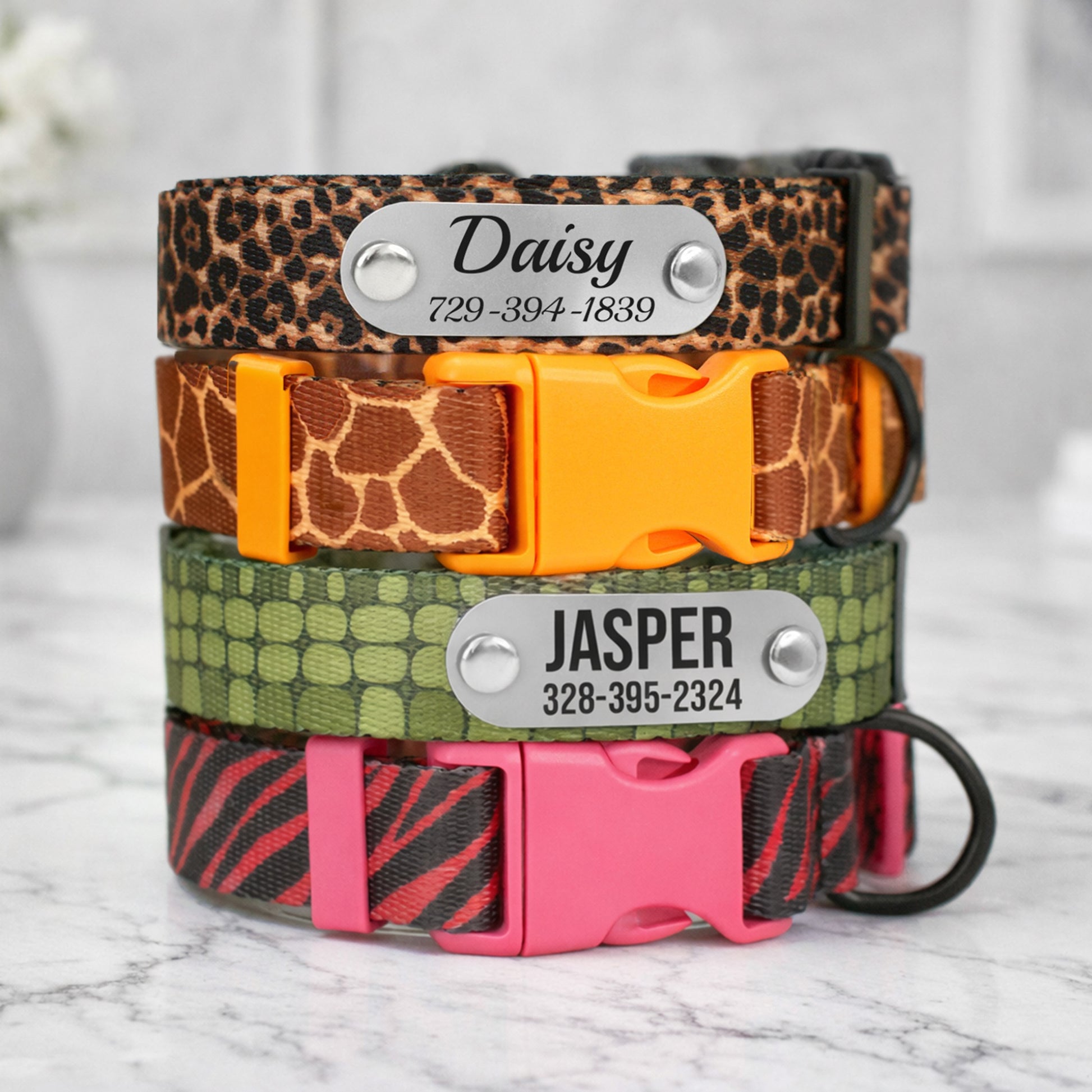 Set of animal print dog collars with personalized name plates