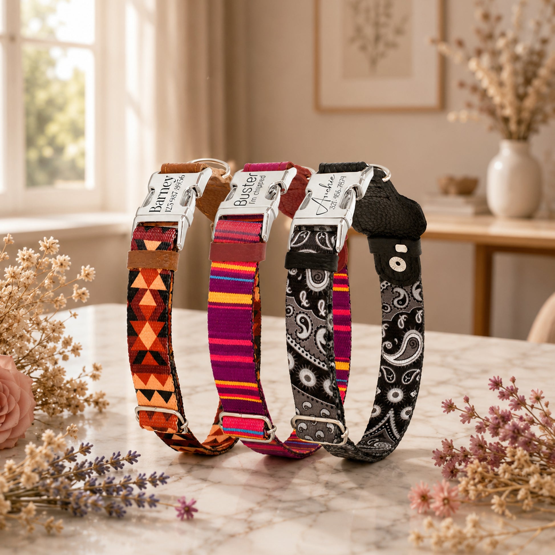 Three patterned dog collars on a marble surface with flowers and a window in the background
