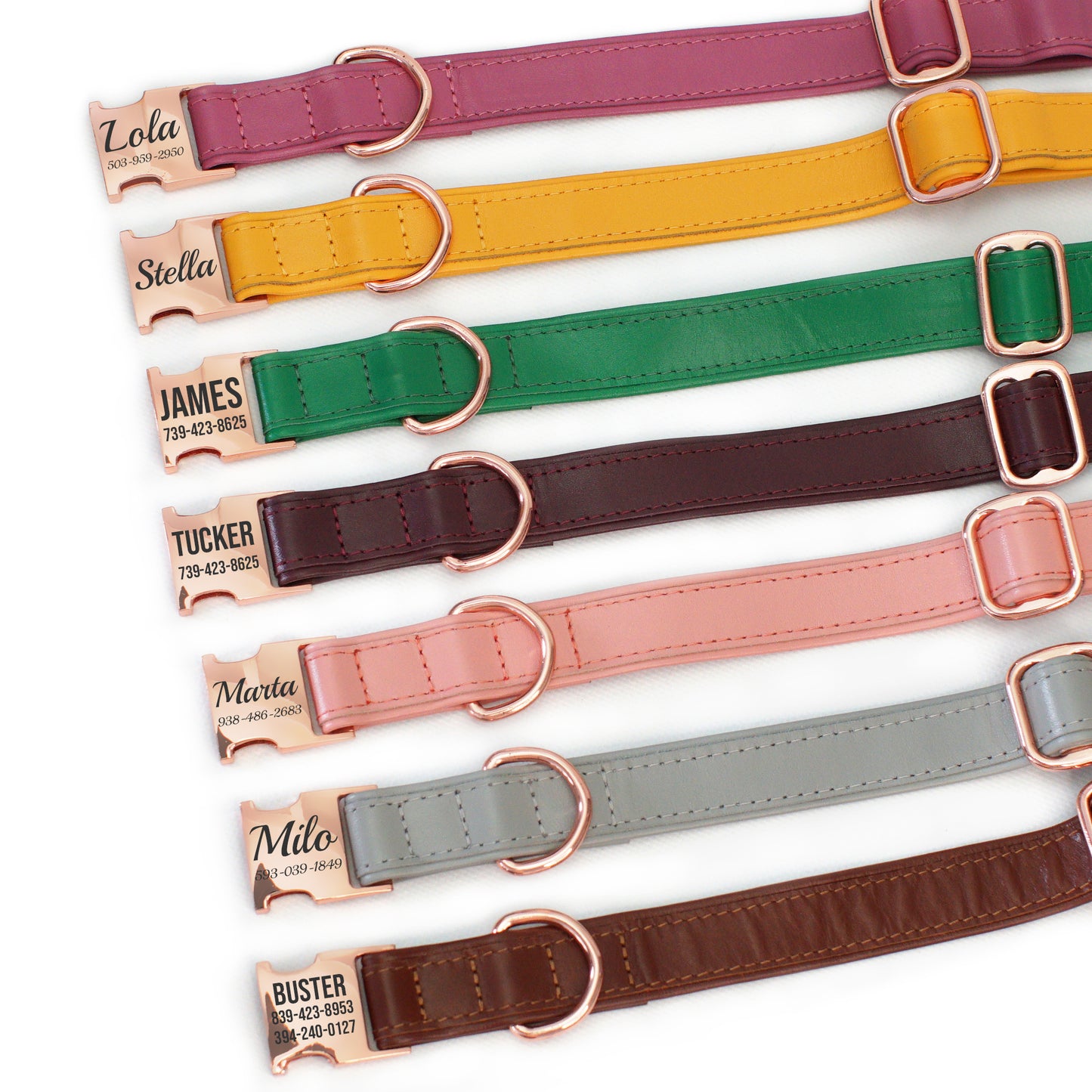 Leather Personalized Dog Collar with Rose Gold Metal Buckle