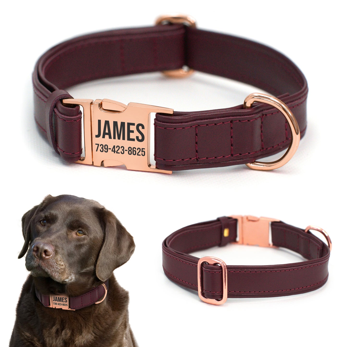 Leather Personalized Dog Collar with Rose Gold Metal Buckle