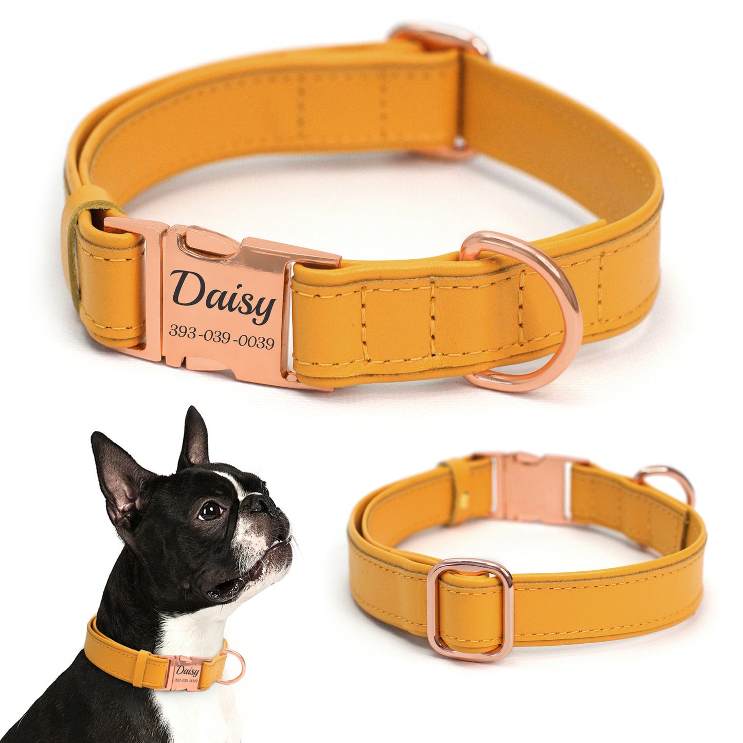 Leather Personalized Dog Collar with Rose Gold Metal Buckle