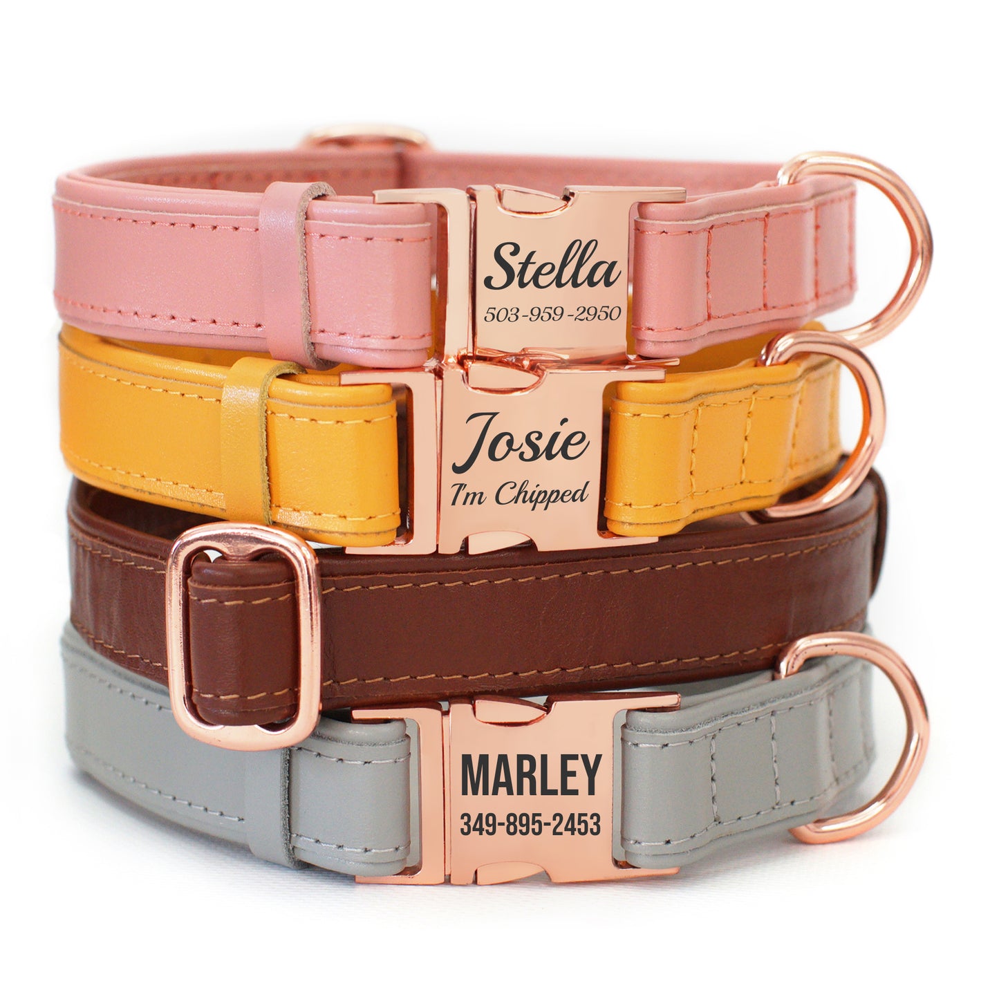 Leather Personalized Dog Collar with Rose Gold Metal Buckle