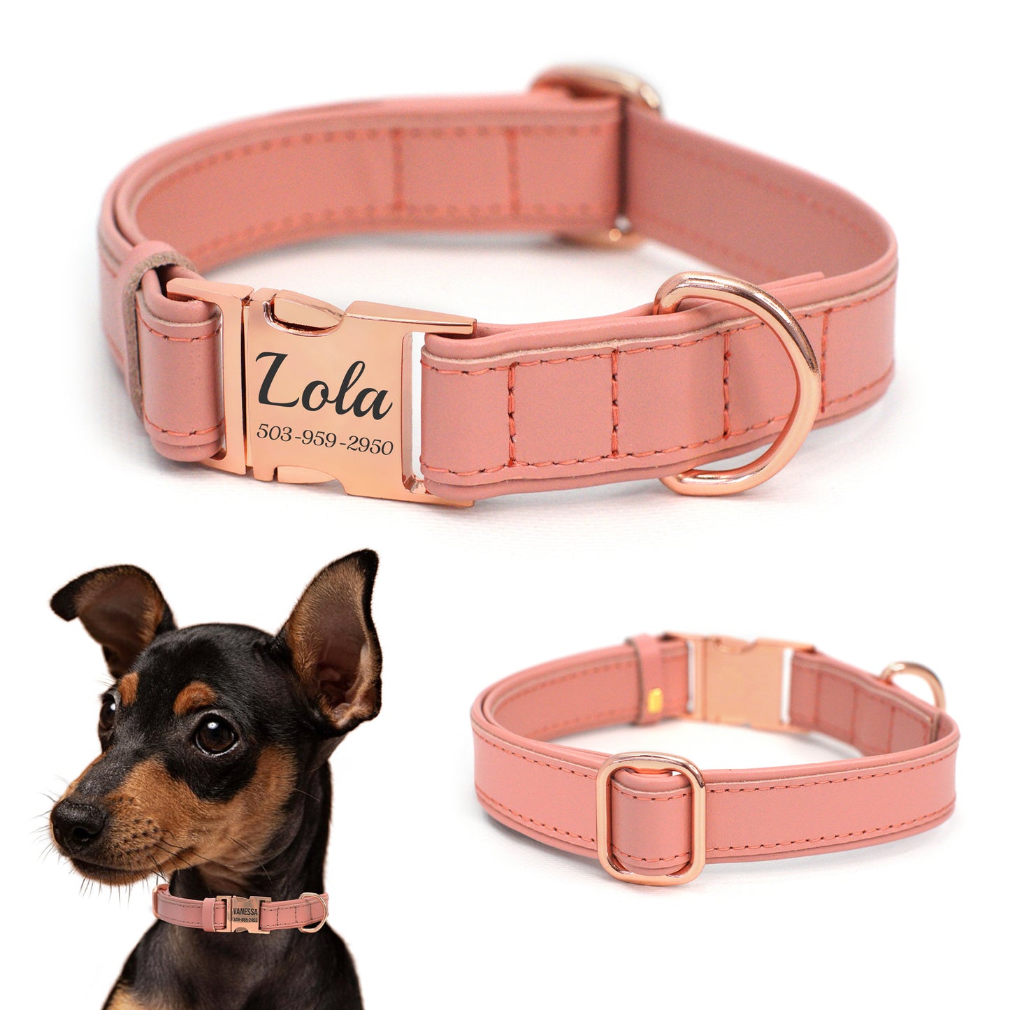 Leather Personalized Dog Collar with Rose Gold Metal Buckle