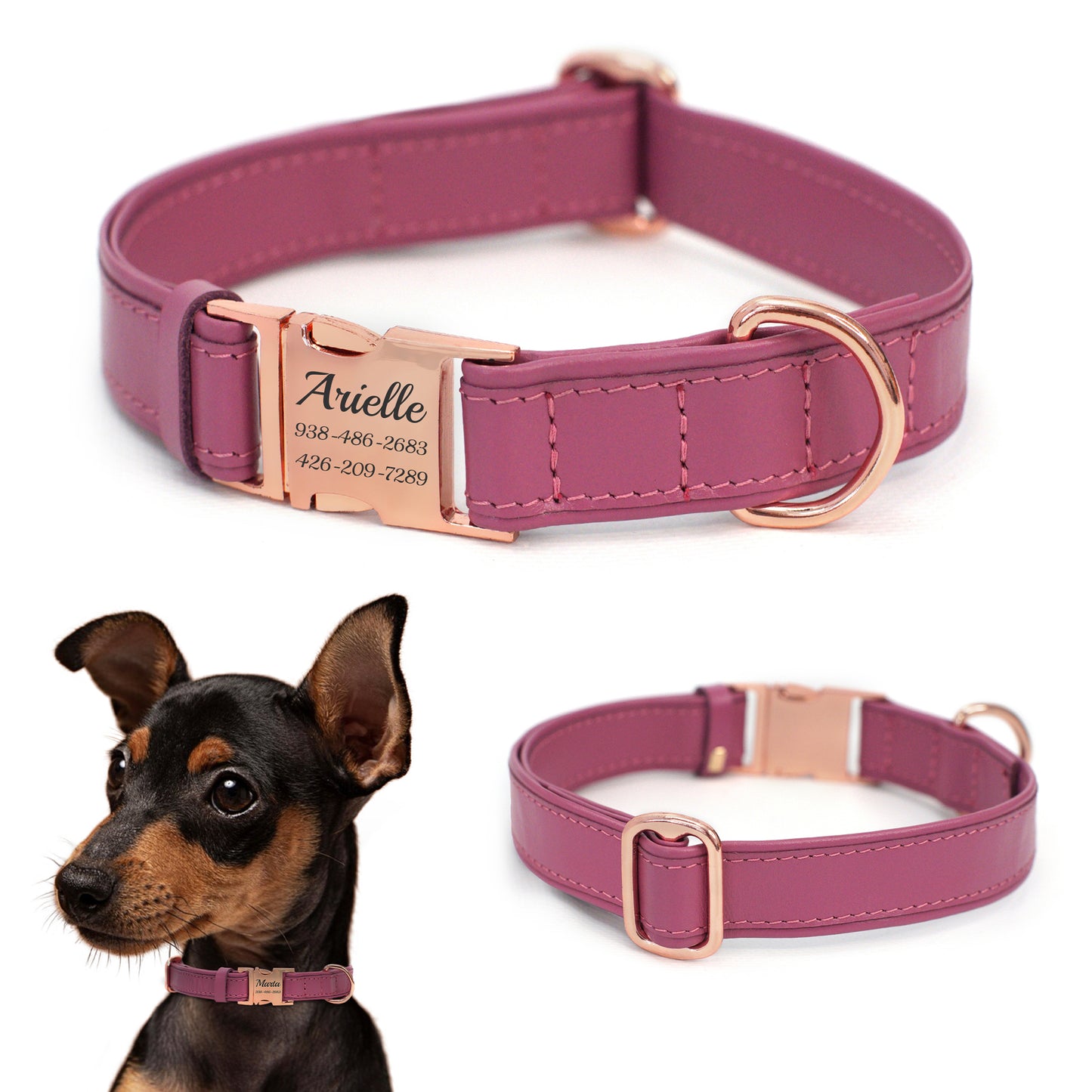 Leather Personalized Dog Collar with Rose Gold Metal Buckle