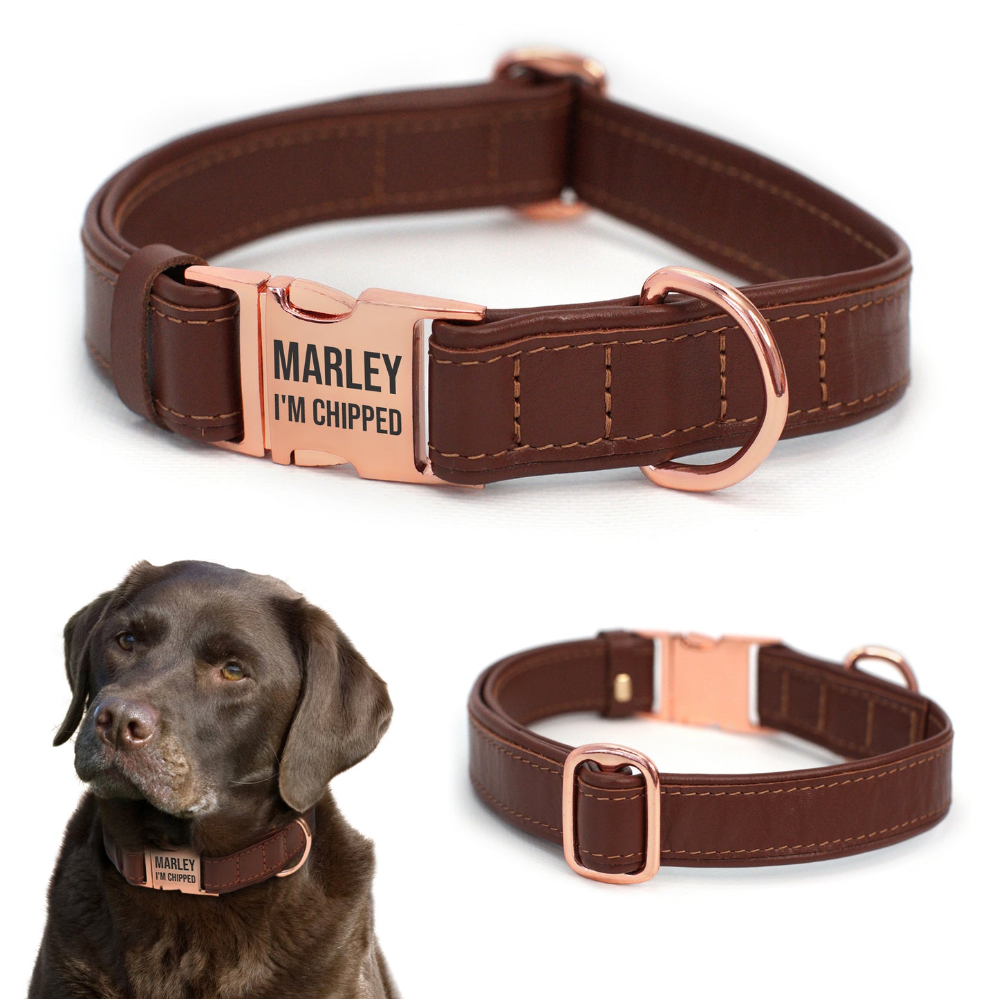 Leather Personalized Dog Collar with Rose Gold Metal Buckle