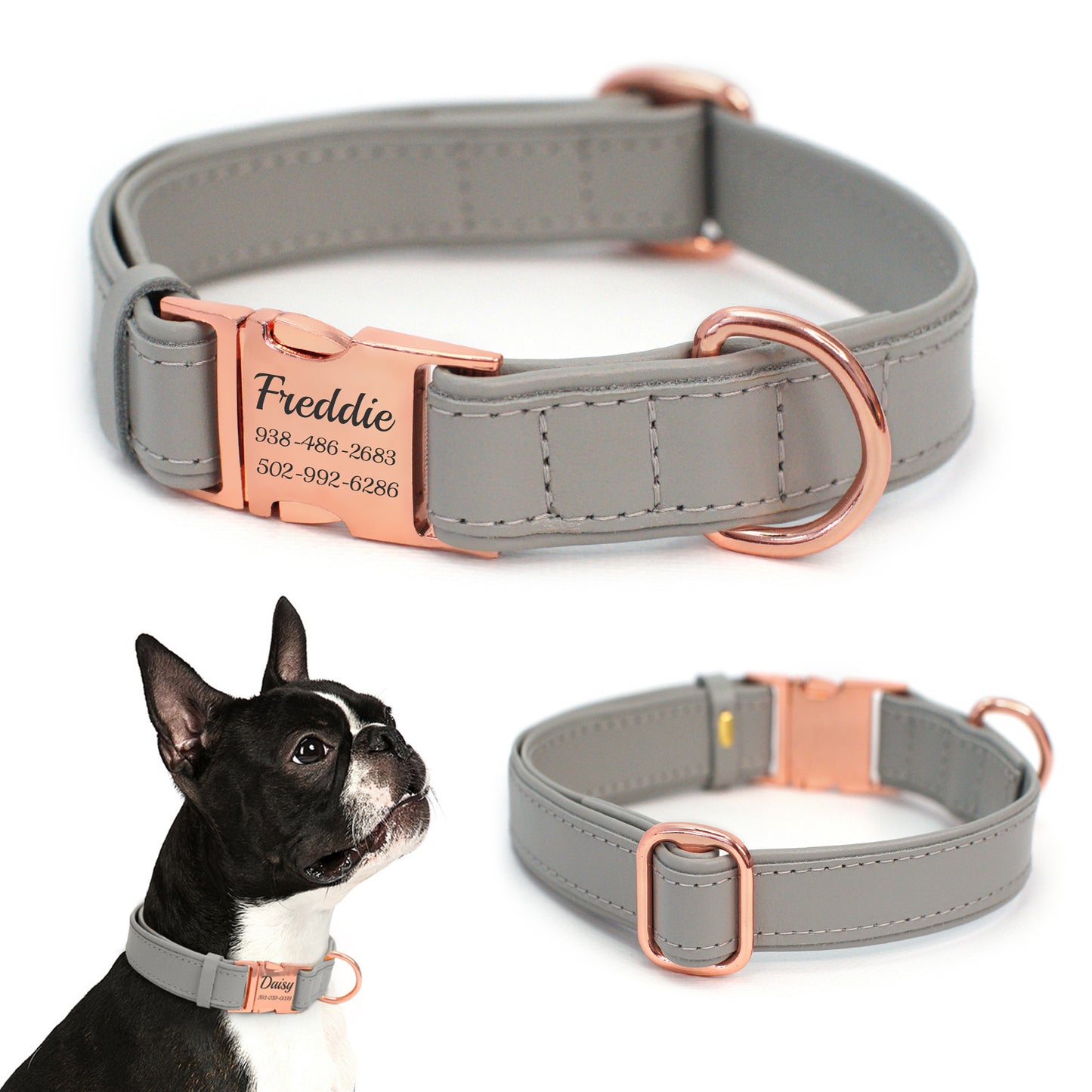 Leather Personalized Dog Collar with Rose Gold Metal Buckle