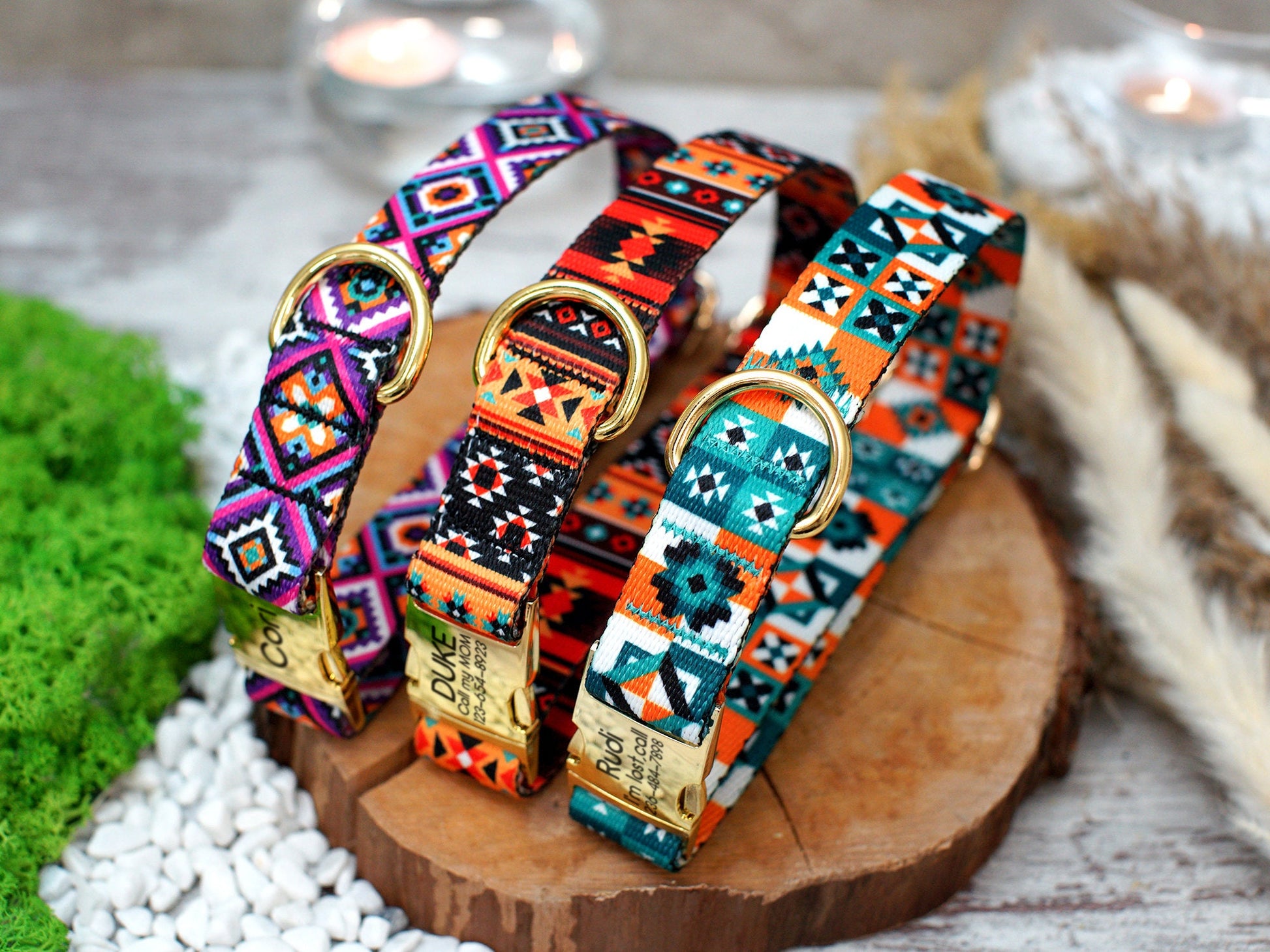 Personalized Dog Collar Pattern, Aztec Dog Collar Engraved, Southwest Print Dog Collar, Designer Dog Collars for Small Medium Large Dogs