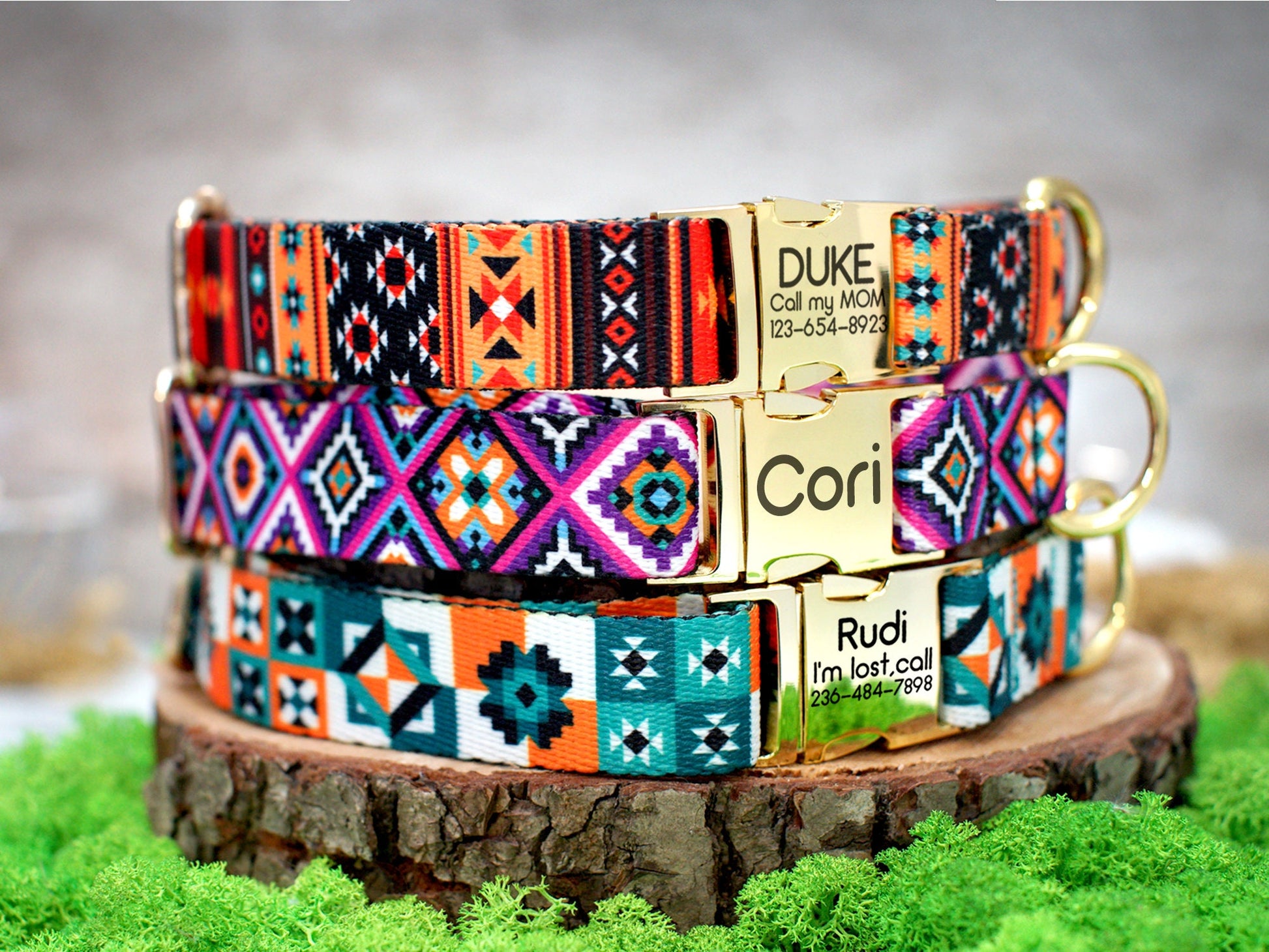 Personalized Dog Collar Pattern, Aztec Dog Collar Engraved, Southwest Print Dog Collar, Designer Dog Collars for Small Medium Large Dogs