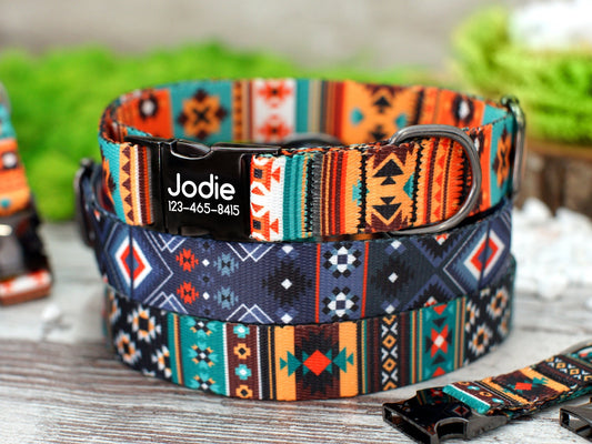 Southwest Dog Collar with Engraved Metal Buckle, Geometric Pattern Dog Collars, Aztec Tribal Pet Collars for Small Medium Large Dogs Puppy,