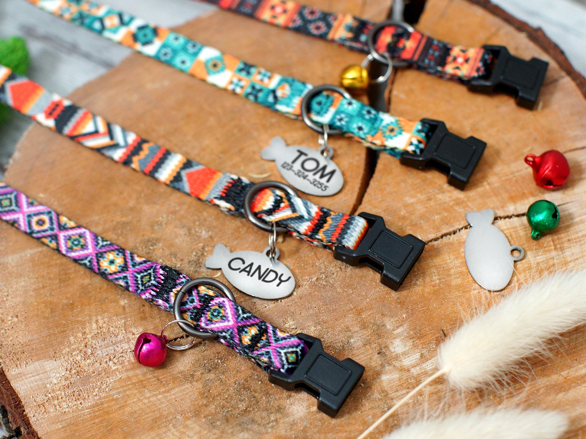 Personalized Cat Collar Breakaway, Soft Cat Collar with ID Name Tag, Pattern Cat Collars Tribal Boho Geometric, Kitten Collar