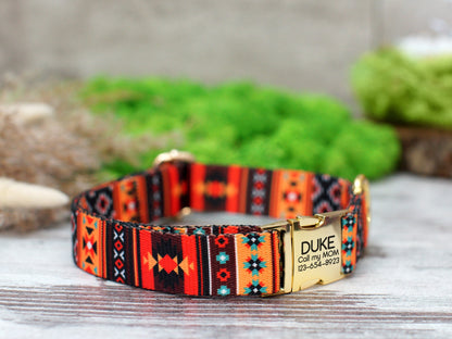 Tribal Dog Collar Personalized, Aztec Pattern Dog Collar with Engraved Metal Buckle, Geometric Dog Collar, Pet Collars for Small Large Dogs