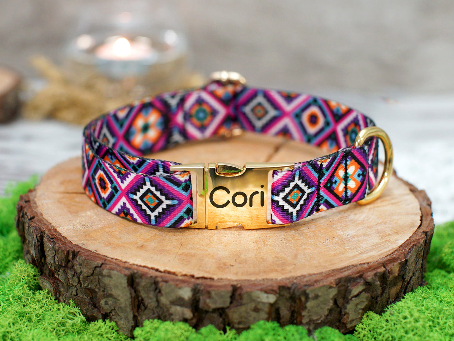 Tribal Dog Collar Personalized, Aztec Pattern Dog Collar with Engraved Metal Buckle, Geometric Dog Collar, Pet Collars for Small Large Dogs