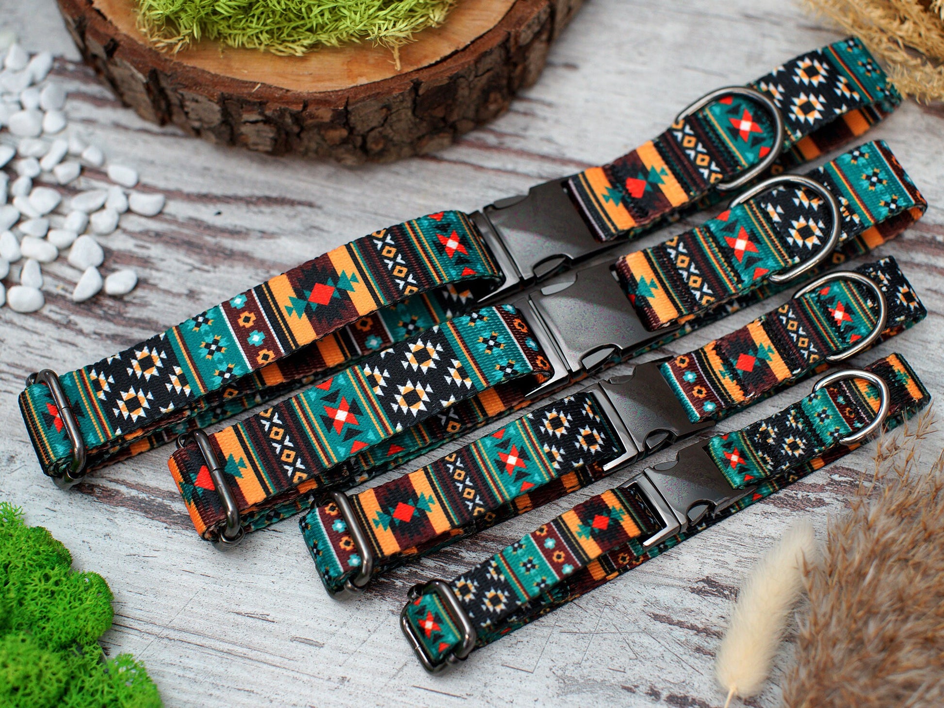 Southwest Dog Collar with Engraved Metal Buckle, Geometric Pattern Dog Collars, Aztec Tribal Pet Collars for Small Medium Large Dogs Puppy,