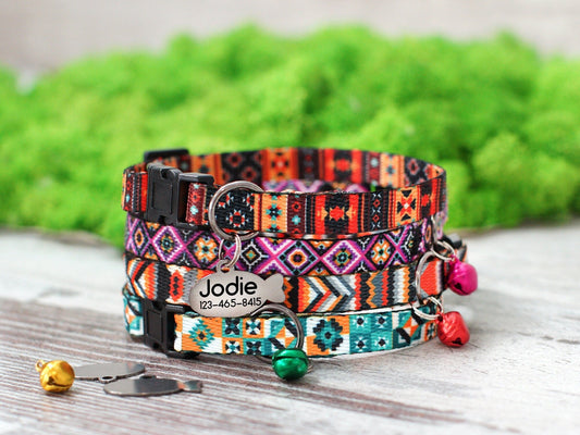 Personalized Breakaway Cat Collar with ID Tag, Tribal Aztec Cat Collar with Bell, Custom Adjustable Cat Collar, Pattern Cat Collar Girl Boy