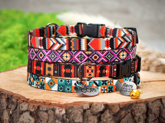 Personalized Cat Collar Breakaway, Soft Cat Collar with ID Name Tag, Pattern Cat Collars Tribal Boho Geometric, Kitten Collar