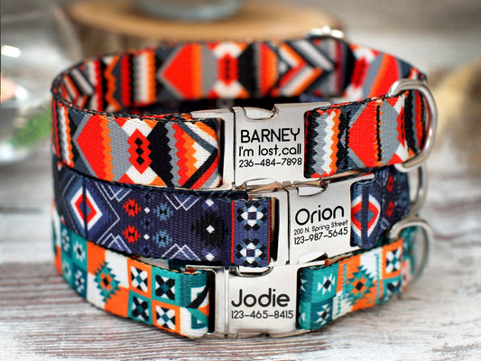 Engraved Dog Collar with Buckle, Custom Dog Collars, Tribal Aztec Pattern Dog Collar, Personalized Pet Collars for Small Large Dogs