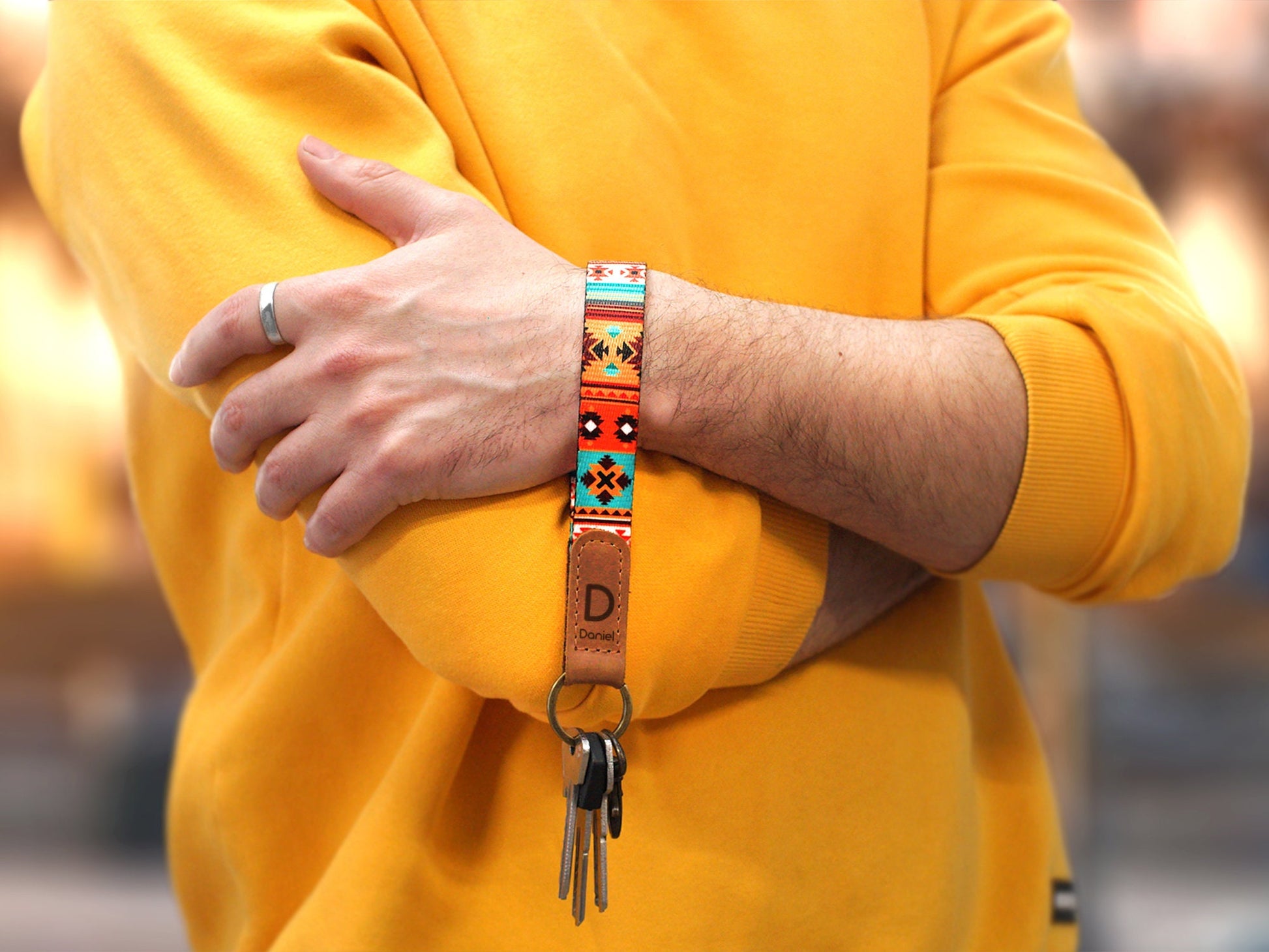 African Print and Leather Key Fob, Wristlet