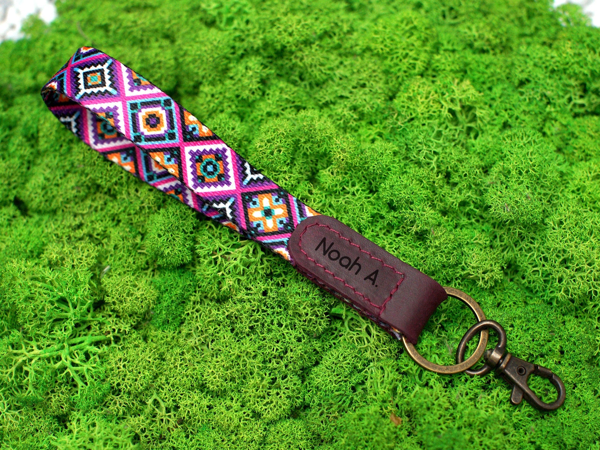 Wrist Leather Keychain Personalized, Aztec Pattern Key Holder, Personalized Gifts for Him, Wristlet Key Lanyard Strap, Custom Key Ring