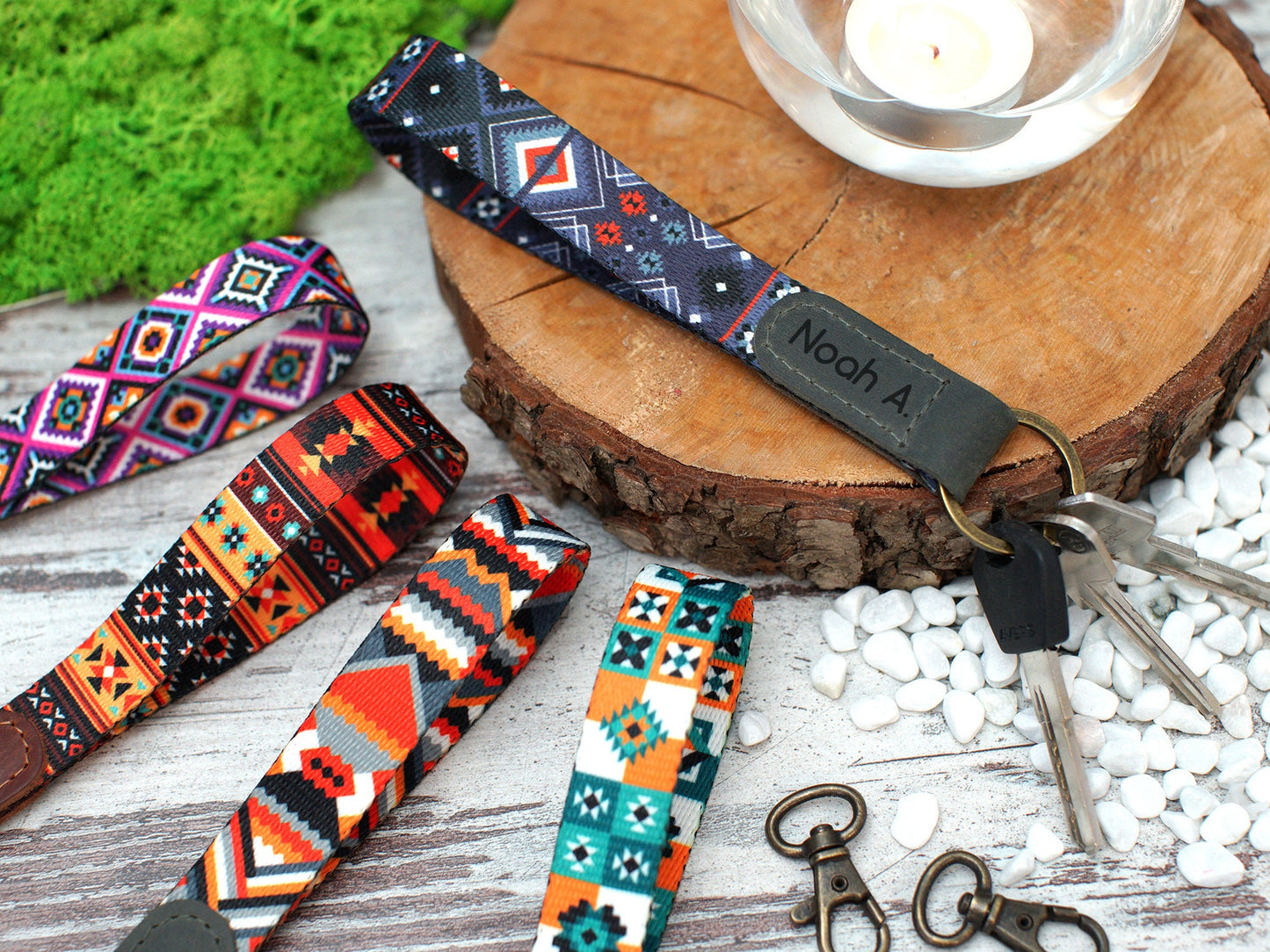 Wrist Leather Keychain Personalized, Aztec Pattern Key Holder, Personalized Gifts for Him, Wristlet Key Lanyard Strap, Custom Key Ring