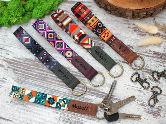 Wrist Leather Keychain Personalized, Aztec Pattern Key Holder, Personalized Gifts for Him, Wristlet Key Lanyard Strap, Custom Key Ring