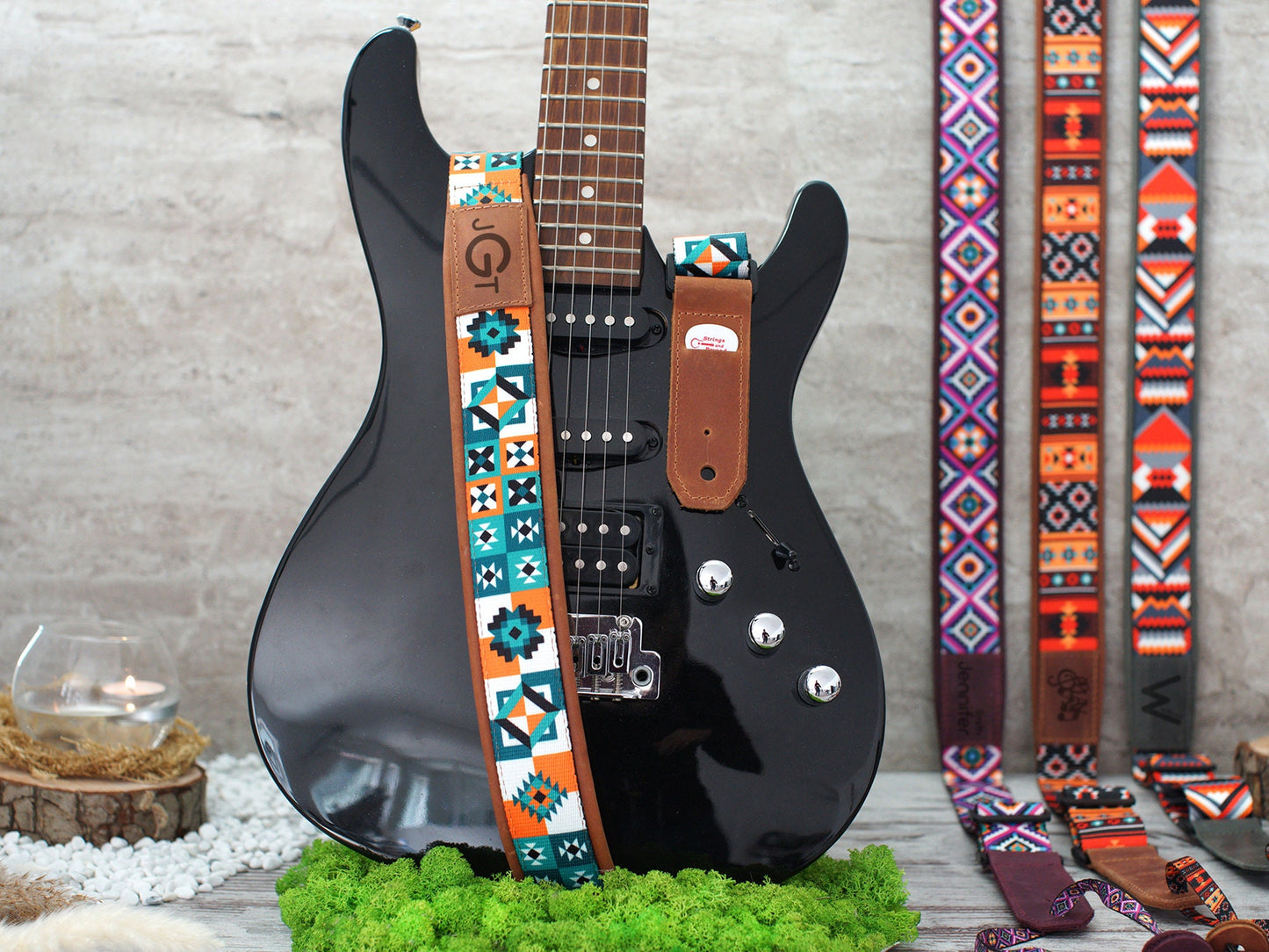 Pattern Guitar Strap with Leather Base, Personalized Guitar Strap, Custom Gifts for Him, Leather Guitar Strap, Guitar Lover Gift