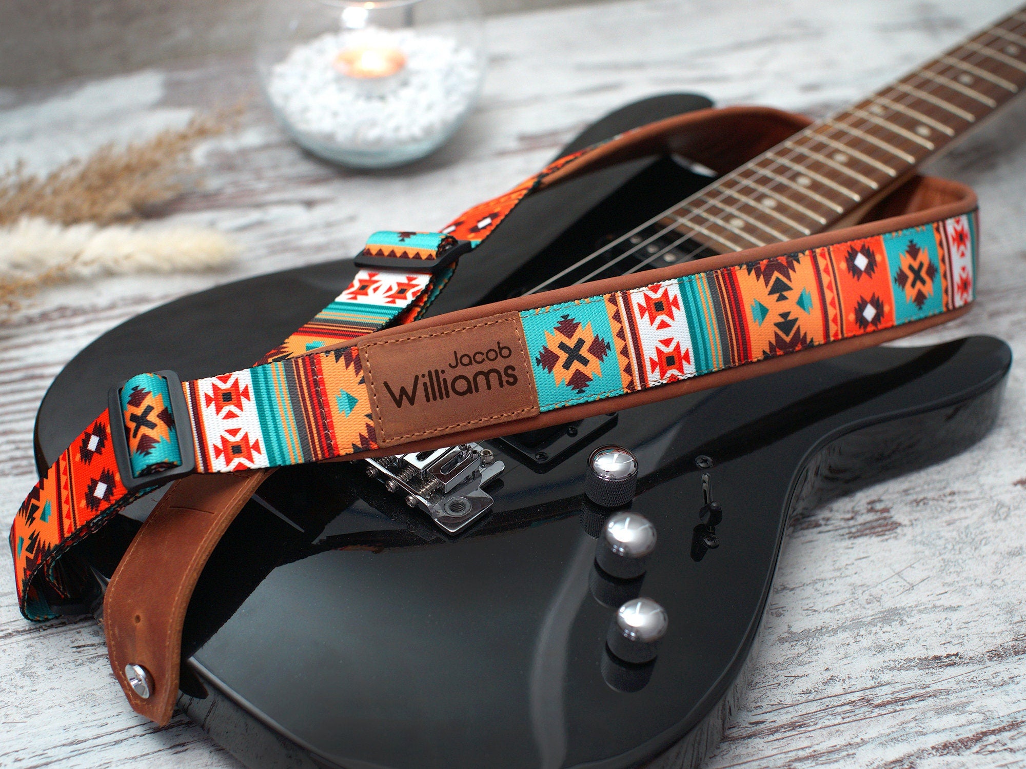 Oberon Design Hand-Crafted Adjustable Leather Guitar Strap, Tribal