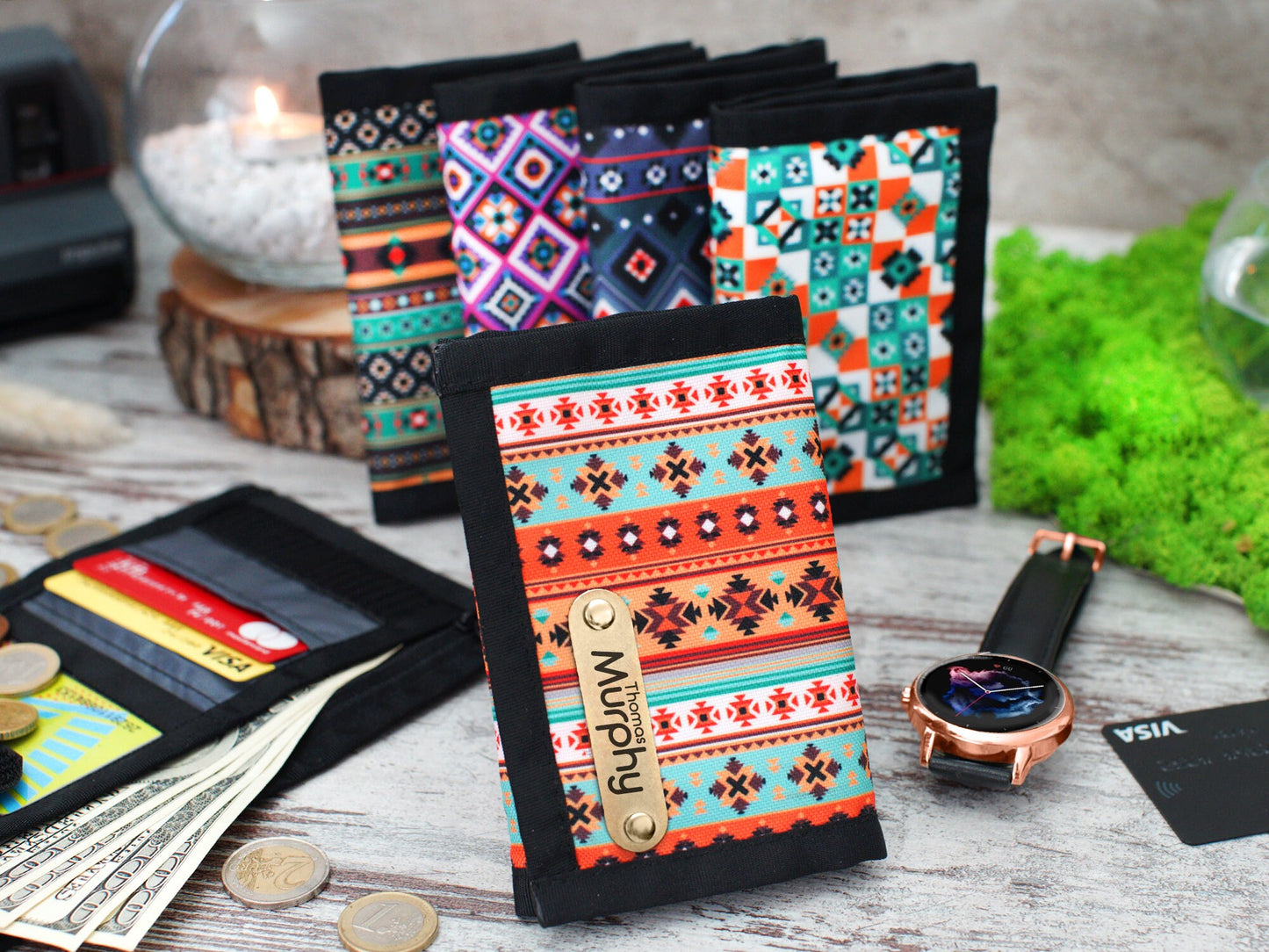 Personalized Small Wallet, Women's Boho Wallet, Tribal Mens Wallet, Gifts for Him, Custom Card Holder, Travel Slim Wallet, Personalized Gift