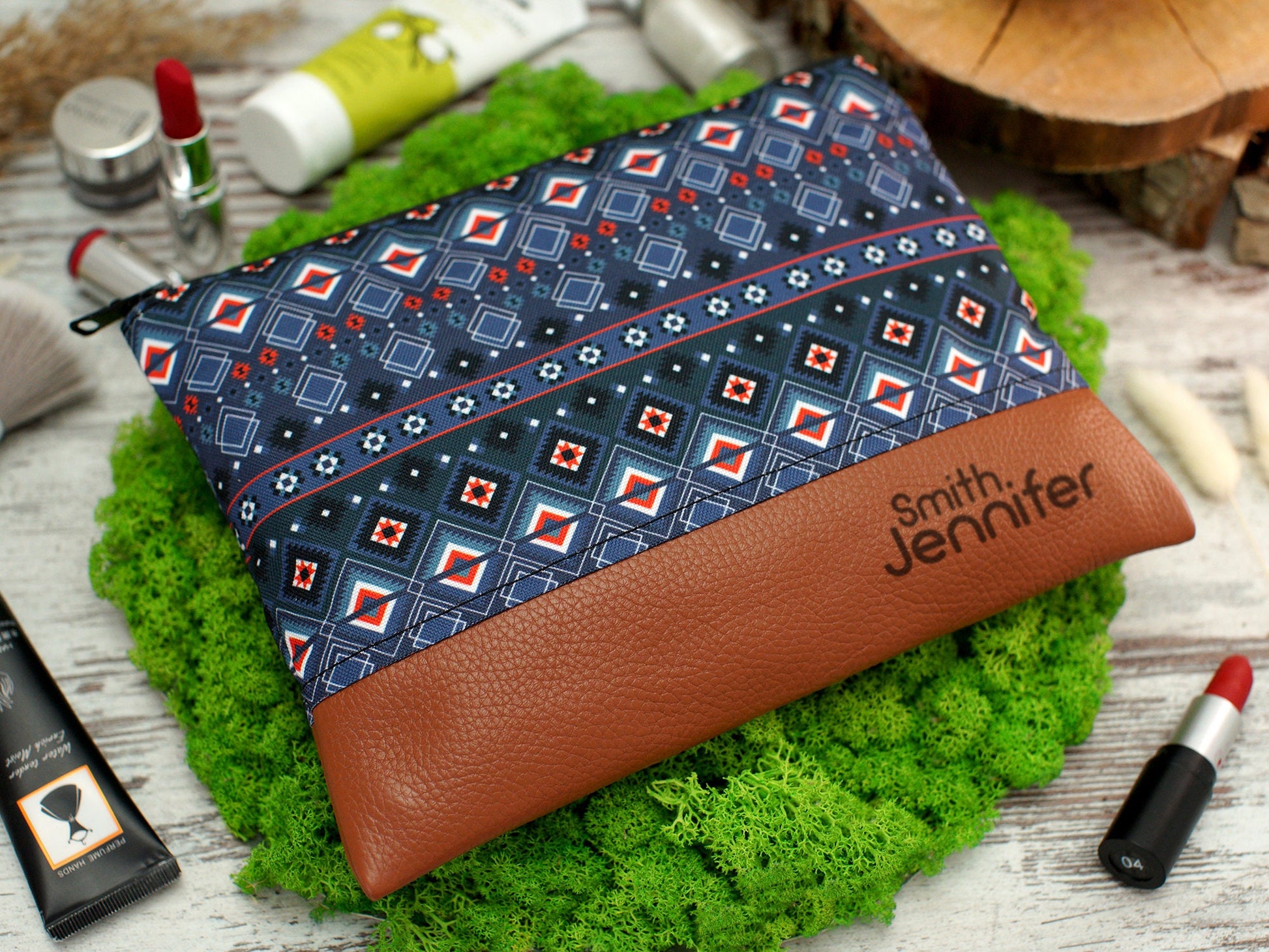 Personalized Makeup Bag Pattern, Zipper Cosmetic Bag, Travel Gifts for Her, Leather Cosmetic Organizer, Print Cosmetic Bags