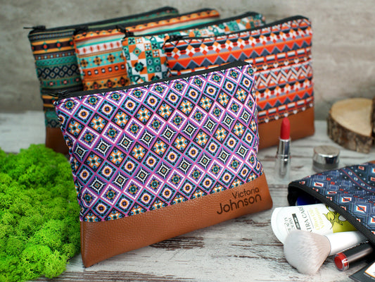 Personalized Cosmetic Bag - 6 Different Pattern Available, Custom Makeup Bag, Personalized Gifts for Her, Leather Cosmetic Zipper Organizer