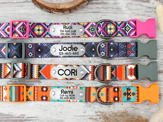 Engraved Dog Collar with Name, Pattern Dog Collar Personalized, Adjustable Dog Collar Nylon, Puppy Collars, Southwest Dog Collar Boho