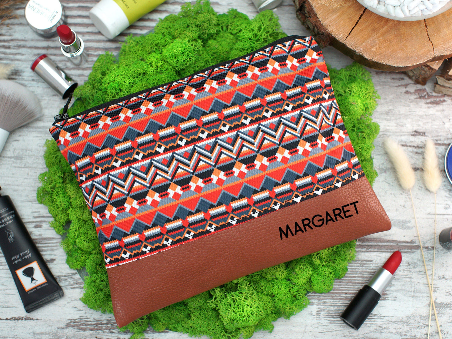 Pattern Cosmetic Bag, Personalized Gifts for Her, Custom Make Up Bag, Christmas Gifts for Women, Leather Cosmetic Zipper Bag, Cosmetic Pouch