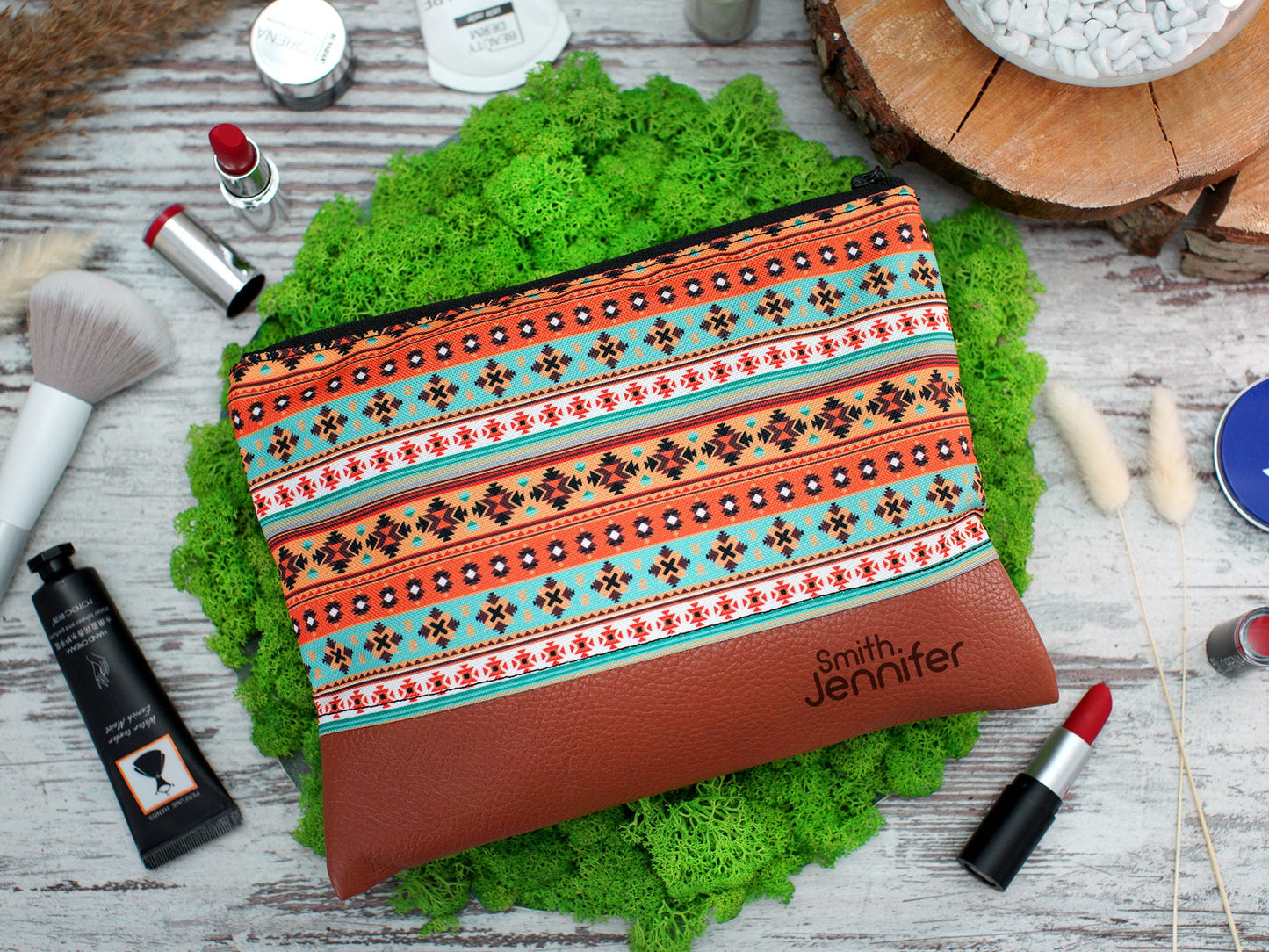 Personalized Makeup Bag Pattern, Zipper Cosmetic Bag, Travel Gifts for Her, Leather Cosmetic Organizer, Print Cosmetic Bags