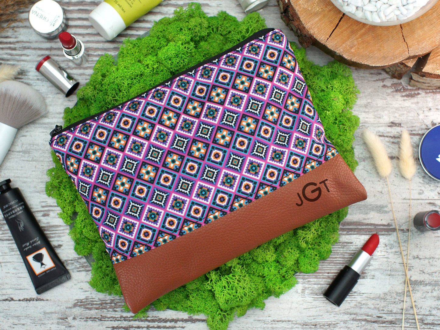 Pattern Cosmetic Bag, Personalized Gifts for Her, Custom Make Up Bag, Christmas Gifts for Women, Leather Cosmetic Zipper Bag, Cosmetic Pouch
